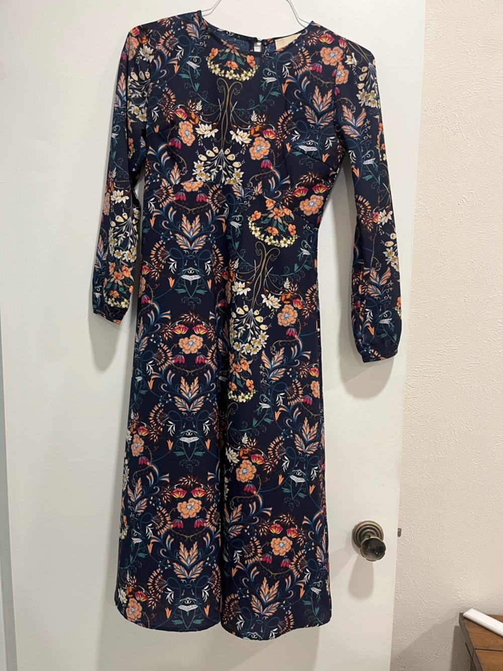 Navy Floral Long Sleeve Midi Dress